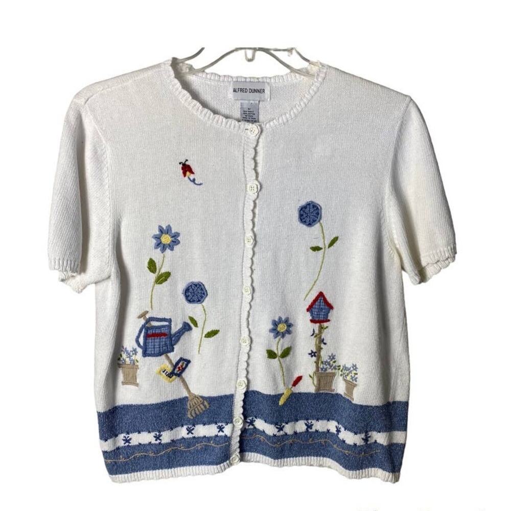 Women's Vintage Alfred Dunner Embroidered Spring Garden Bird Sweater Medium
